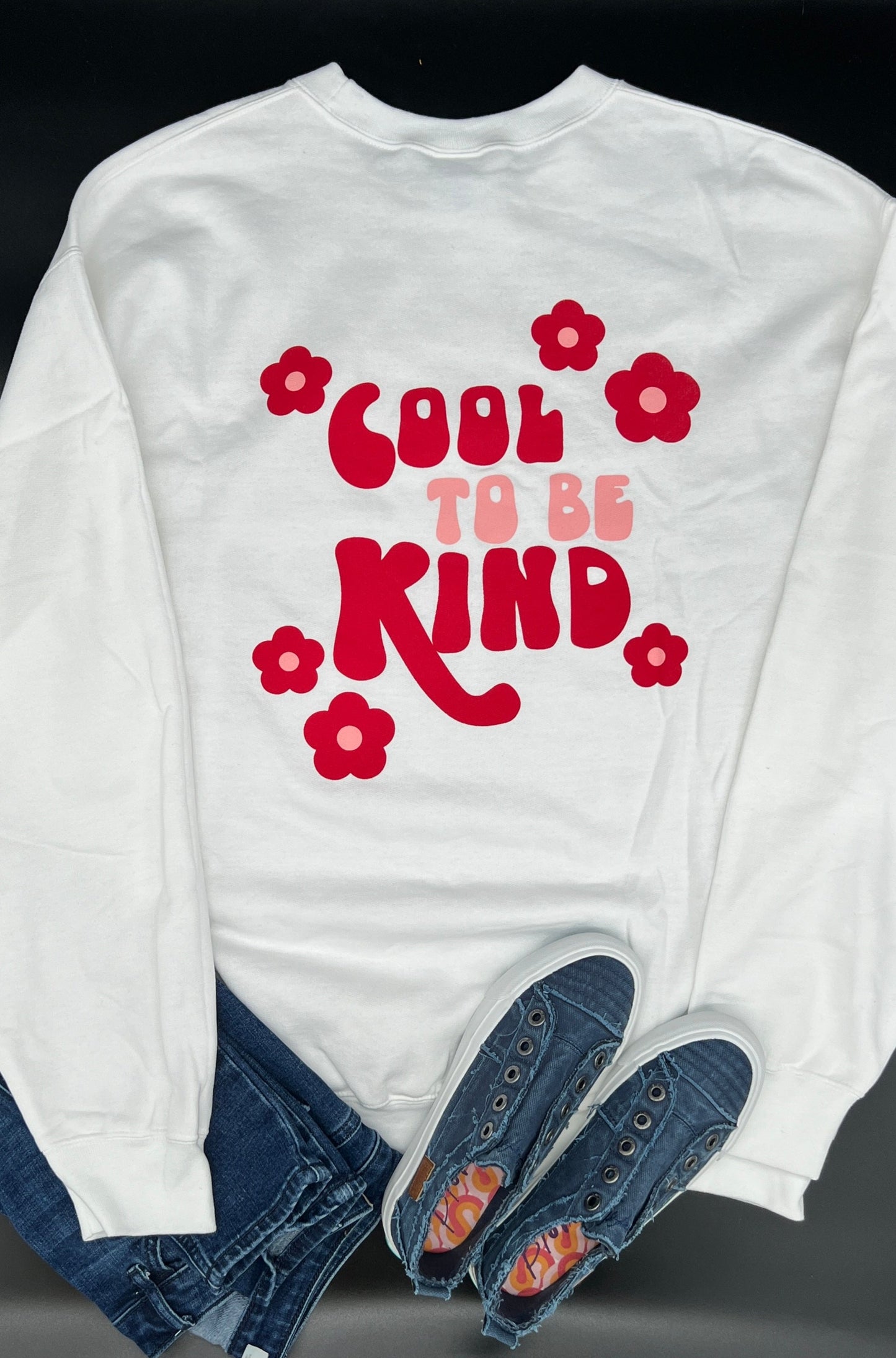 "Cool to Be Kind" Crewneck Sweatshirt, High Quality, Vibrant Colors, Comfortable, Mental Health Messaging, WHITE Sweatshirt