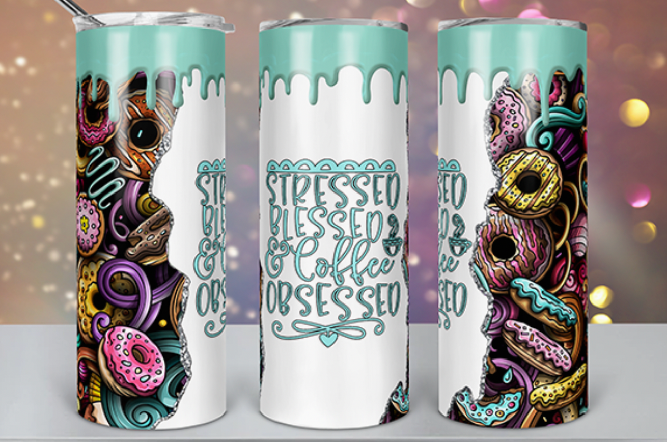 20 Oz Tumbler Double Insulated-Colorful, Stressed Blessed Coffee Obsessed Saying-Custom Handmade