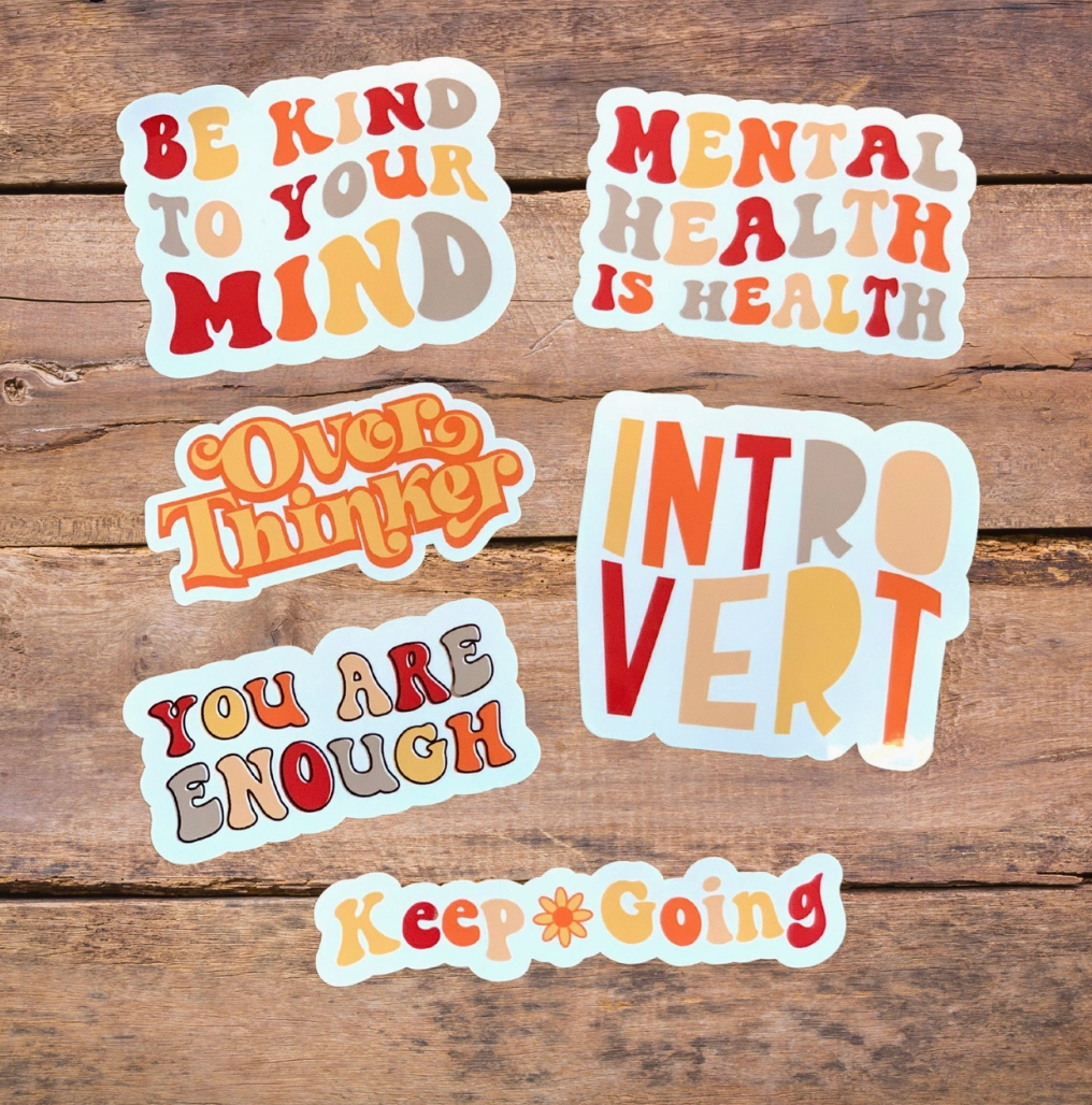 Retro Mental Health Stickers, Mental health is health, Introvert, Be Kind To Your Mind, You Are Enough, Keep Going, Over Thinker, Stickers